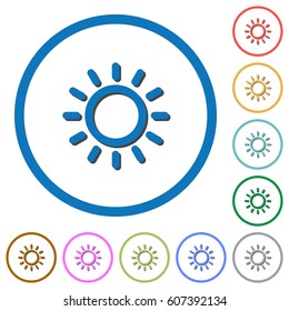 Brightness control flat color vector icons with shadows in round outlines on white background
