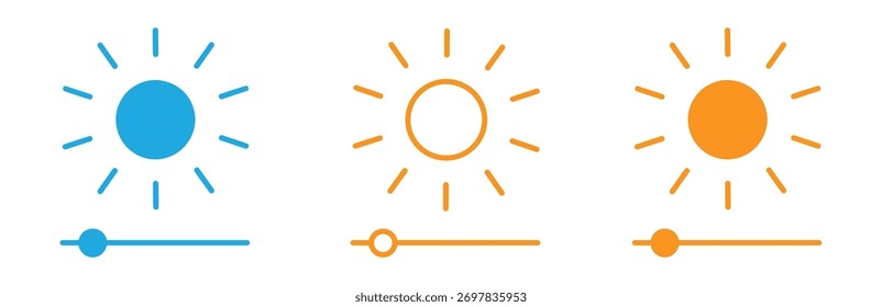Brightness control icon. Brightness and contrast level adjustment icons. Brightness slider level control icon