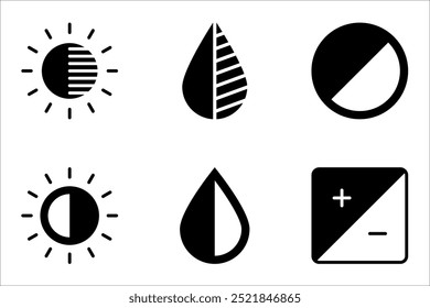 Brightness control icon set. Contrast with varying levels, Screen brightness and contrast level settings, vector illustration on white background