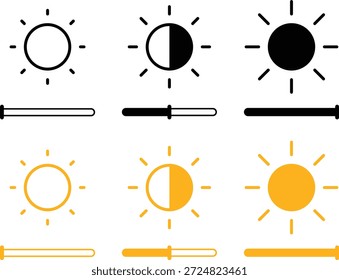 Ícone de controle de brilho definido. Ícones de controle de brilho do sol e da tela representando as configurações de ajuste e exibição da luz. Ícones do modo de tela isolados no plano de fundo transparente. Ilustração vetorial.