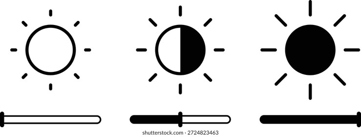 Ícone de controle de brilho definido. Ícones de controle de brilho do sol e da tela representando as configurações de ajuste e exibição da luz. Ícones do modo de tela isolados no plano de fundo transparente. Ilustração vetorial.