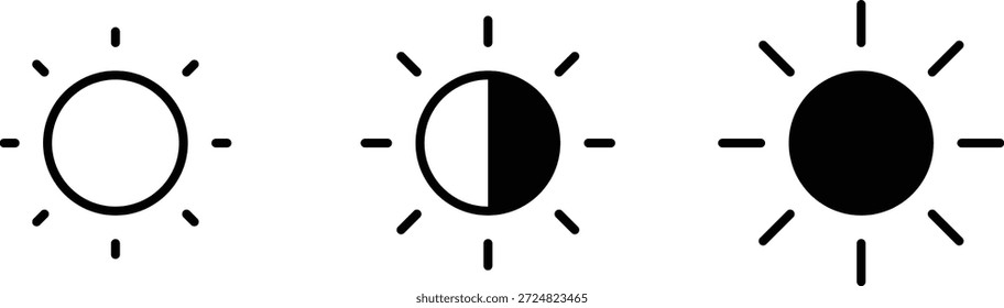Ícone de controle de brilho definido. Ícones de controle de brilho do sol e da tela representando as configurações de ajuste e exibição da luz. Ícones do modo de tela isolados no plano de fundo transparente. Ilustração vetorial.