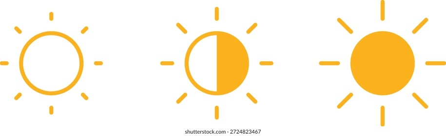 Ícone de controle de brilho definido. Ícones de controle de brilho do sol e da tela representando as configurações de ajuste e exibição da luz. Ícones do modo de tela isolados no plano de fundo transparente. Ilustração vetorial.