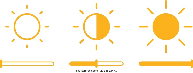 Ícone de controle de brilho definido. Ícones de controle de brilho do sol e da tela representando as configurações de ajuste e exibição da luz. Ícones do modo de tela isolados no plano de fundo transparente. Ilustração vetorial.