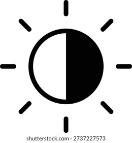 Brightness control icon. Sun and screen brightness control icon representing light adjustment and display settings. Screen mode icon isolated on transparent background. Vector illustration.