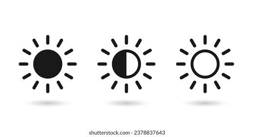Brightness control icons set. Contrast level icon. Screen brightness and contrast level settings icon.