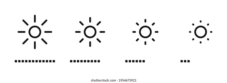 Brightness control icons set. Brightness icons with varying levels on white background. Contrast level icon. Screen brightness and contrast level settings icon. Vector illustration. EPS 10