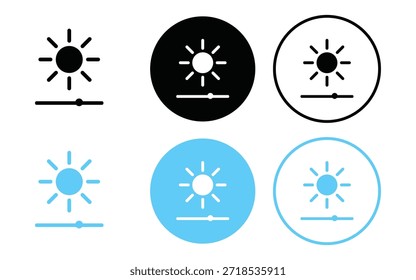 Vektorsymbole zur Helligkeitssteuerung festgelegt. Sonne- und Schiebereglereinstellung für Schnittstellenanzeige einzeln auf weißem Hintergrund, Vektorgrafik