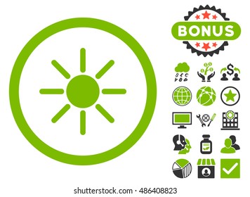 Brightness icon with bonus pictogram. Vector illustration style is flat iconic bicolor symbols, eco green and gray colors, white background.