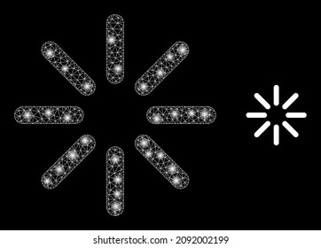 Brightness icon and glare net mesh brightness model with glowing light spots. Illuminated model is created using brightness vector icon and triangle mesh. Illuminated frame brightness,