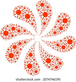 Brightness icon rotation burst petals salute shape. Rotation centrifugal explosion designed from scattered brightness symbols.