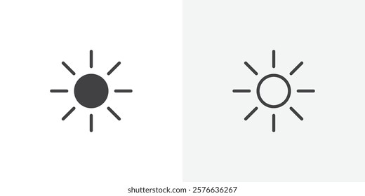 Brightness icon set in black flat solid and outlined style.