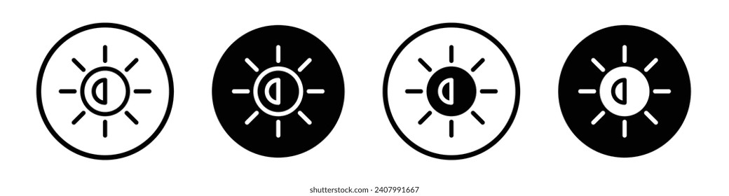 Brightness icon set. Bright sun display and sunshine vector symbol in a black filled and outlined style. Adjust sunlight exposure sign.