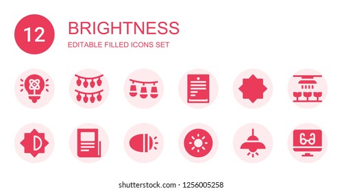 brightness icon set. Collection of 12 filled brightness icons included Light, Lights, Text lines, Night mode, Brightness, Reading mode