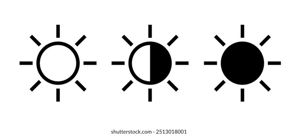 Brightness icon ui element vector graphic pictogram simple, sun shine light line outline stroke minimal sign, heat energy sunshine silhouette shape black white image clip art set