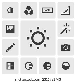 Brightness icon vector design. Simple set of photo editor app icons silhouette, solid black icon. Phone application icons concept. Brightness, contrast, adjust, filter, highlight, shadow icon set