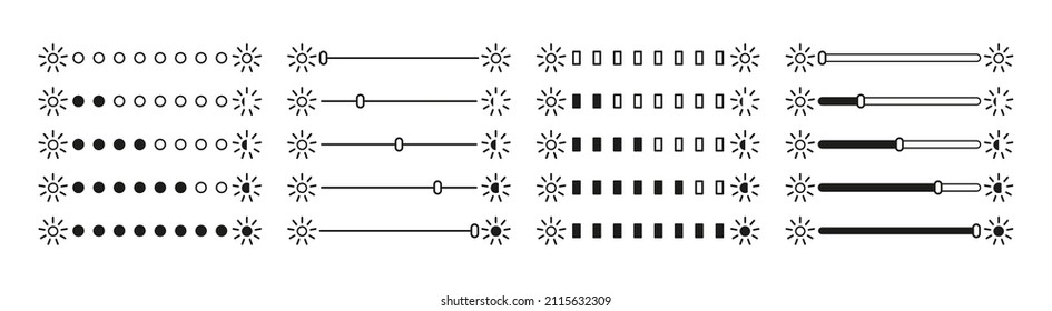 Brightness icons. Adjust of bright screen. Icons bar control of light level of screen. Slider of setting clarity and contrast on display. Interface of mobile phone and computer. Vector.