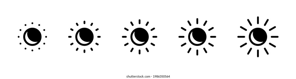 Brightness level control icon set. Screen brightness graduation icon collection. Contrast brightness adjustment. Screen brightness and contrast control icons. Vector graphic. EPS 10