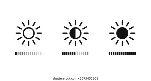 Brightness level icon. Contrast brightness adjustment icon collection. Brightness control icons set.