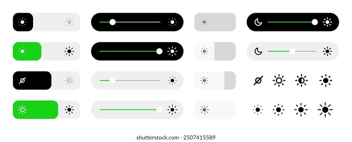 Brightness level icon set. Screen brightness settings interface element collection flat style design. Display bright indicator. Light control button, slider, adjustment pictogram on white background.