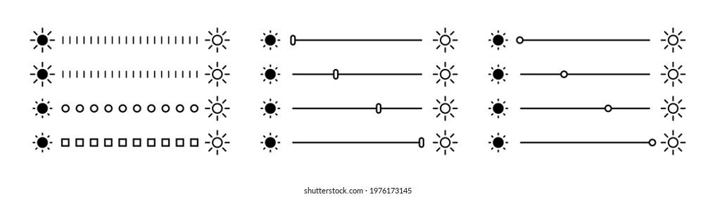 Brightness level icon. Brightness slider level contorl. Contrast brightness adjustment signs collection. Stock vector isolated elements. EPS 10