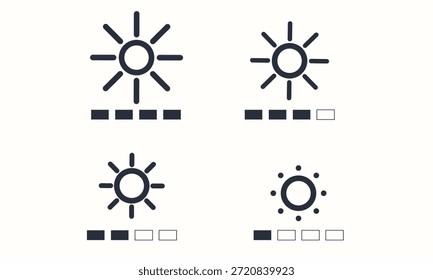 Ícone de luminosidade e intensidade luminosa definido para sistemas de interface e controle. Perfeito para IU, configurações de aplicativos, controles de vídeo e ilustrações de tecnologia.