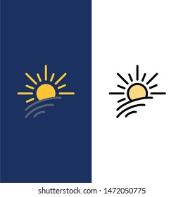 Brightness, Light, Sun, Spring  Icons. Flat and Line Filled Icon Set Vector Blue Background