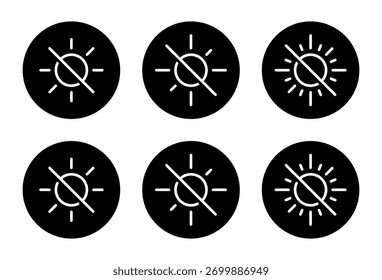 Brightness off icon set in black circle. Sun line with slash symbol. Light disable sign