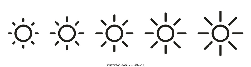 Brightness setting in 5 states with a sun outlined illustration isolated. Vector icons in flat style