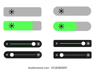 Controle Deslizante de Brilho. Sinal de isolamento máximo de luz. Ilustração vetorial, retangular, cantos arredondados, preto e branco, ícone do sol, básico, barra de rolagem de intervalo em formulário da Web, aplicativo online