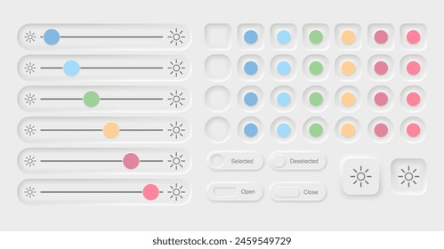 Brightness Slider in Neomorphism and Neumorphism Design. Maximum Light Isolated Sign - Skeuomorphism Vector Illustration