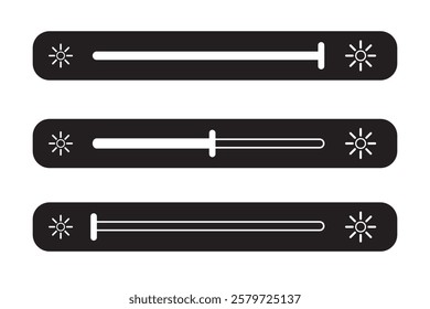 Brightness Slider set on white background. Maximum, medium and low Light Isolated Sign. Dark, bright control screen. Day, night volume panel. Vector illustration.