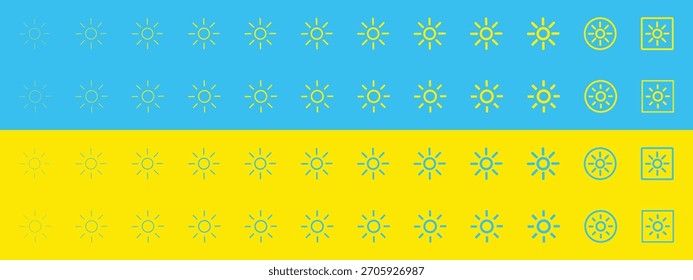 Brilho e ícone do sol definidos com tema azul e amarelo - símbolos de contorno para controles de exibição.