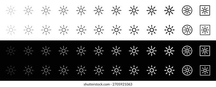 Brilho e conjunto de ícones do sol - Símbolos da arte da linha de contorno para configurações de interface do usuário e controles de exibição.
