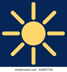Brightness vector icon. Style is flat symbol, yellow color, rounded angles, blue background.