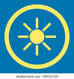 Brightness vector icon. Style is flat rounded symbol, yellow color, rounded angles, blue background.