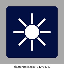 Brightness vector icon. Style is flat rounded square button, white and dark blue colors, silver background.