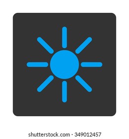 Brightness vector icon. Style is flat rounded square button, blue and gray colors, white background.