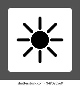 Brightness vector icon. Style is flat rounded square button, black and white colors, gray background.