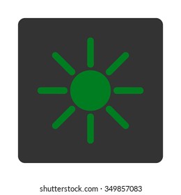 Brightness vector icon. Style is flat rounded square button, green and gray colors, white background.