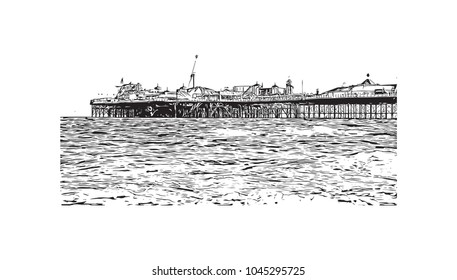 Brighton City in England, UK. Hand drawn sketch illustration in vector.