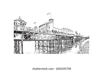 Brighton City in England, UK. Hand drawn sketch illustration in vector.