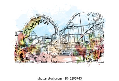 Brighton City in England, UK. Watercolor splash with Hand drawn sketch illustration in vector.
