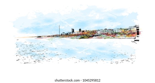 Brighton City in England, UK. Watercolor splash with Hand drawn sketch illustration in vector.