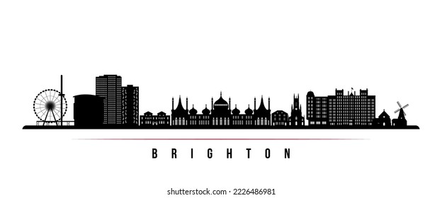 Banner horizontal en el horizonte de Brighton. Silueta blanca y negra de Brighton, Reino Unido. Plantilla de vectores para su diseño. 