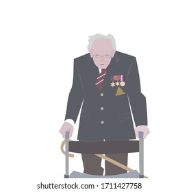 Brighton UK - April 21 2020 Vector Illustration Of Captain Tom Moore, A 99-year-old Army Veteran, Completely Surpassed His Original Target Of Raising £1,000 For The NHS In The Fight Against Covid-19 