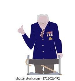 Brighton UK - April 23 2020 Vector Illustration Of Captain Tom Moore, A 99-year-old Army Veteran, Completely Surpassed His Original Target Of Raising £1,000 For The NHS In The Fight Against Covid-19 