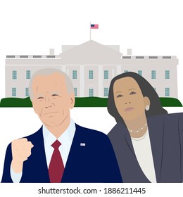 Brighton UK - January 03 2021 vector illustration cartoon style of American president-elect and Vice President-elect with White House in background concept of Biden administration
