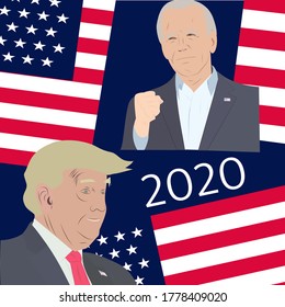 Brighton UK - July 18 2020 vector illustration of Donald Trump and Joe Biden with American flag pieces as background and number 2020 concept of candidates for US presidential election in November 2020