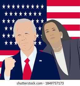 Brighton UK - November 8 2020 Vector cartoon style illustration of American president elected Joe Biden and Vice President elected Kamala Harris on US flag background 